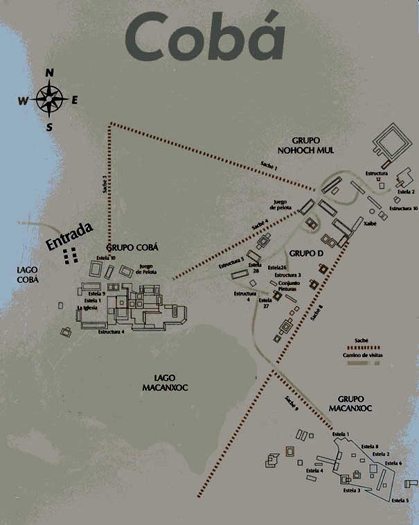 Map of the Mayan Temple Coba on the Yucatan Peninsula in Mexico.