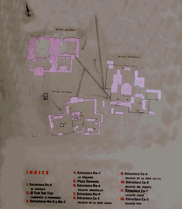 Map of the Mayan Temple Oxkintok on the Yucatan Peninsula in Mexico.